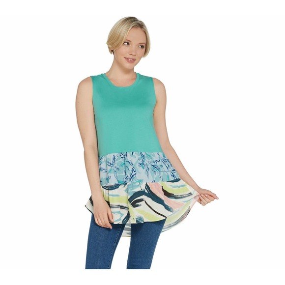LOGO by Lori Goldstein Tops - LOGO by Lori Goldstein Tunic Tank 2X Cotton Modal Contrast Hem Caribbean Teal
